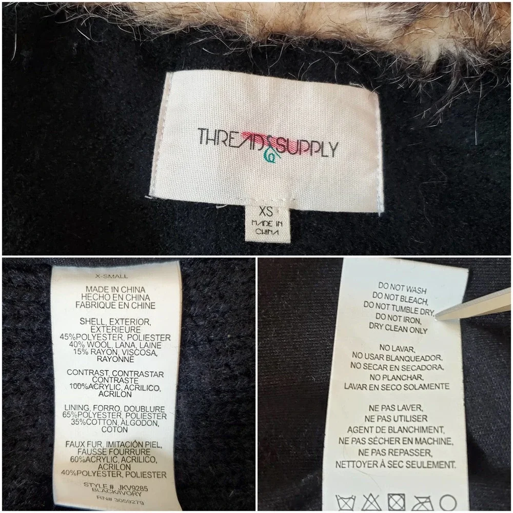 THREAD & SUPPLY | ASYMETRICAL WOOL BLEND SWEATER VEST AZTEC FAUX FUR WOMEN'S XS
